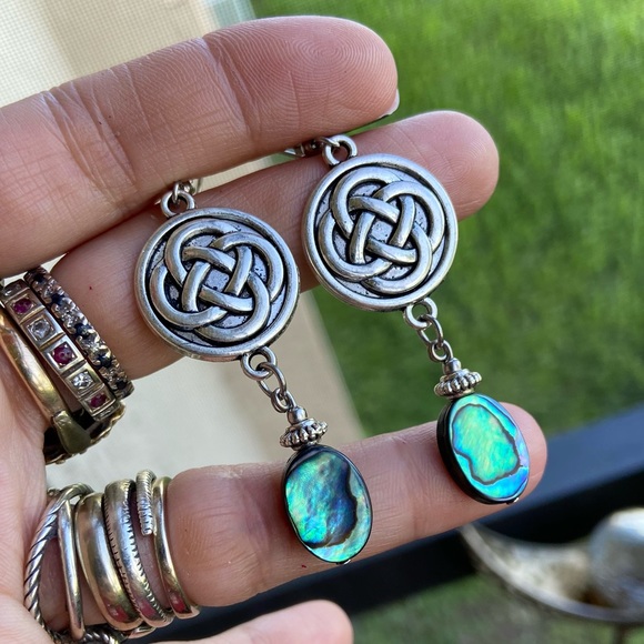 Celtic knot dangly earrings & genuine iridescent blue green abalone shell charms - Picture 8 of 10